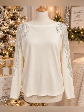 LIV Milano Ivory Embellished Beaded Rhinestone Sweater Top Size Large NWT